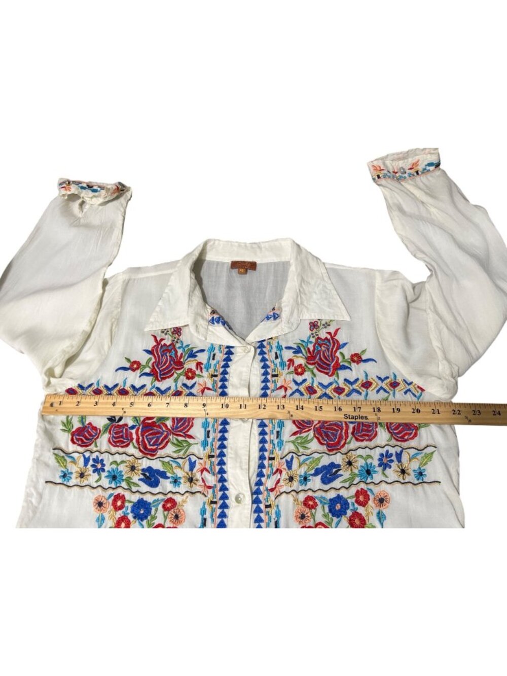 Scully Womens XL Button-Up Top Floral Embroidered Shirt Cream Red Blue Western - Picture 5 of 9